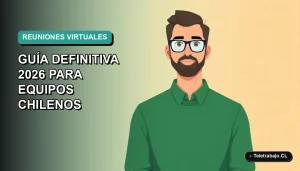 Ilustración plana corporativa de un trabajador chileno en reunión virtual, fondo degradado azul verdoso.