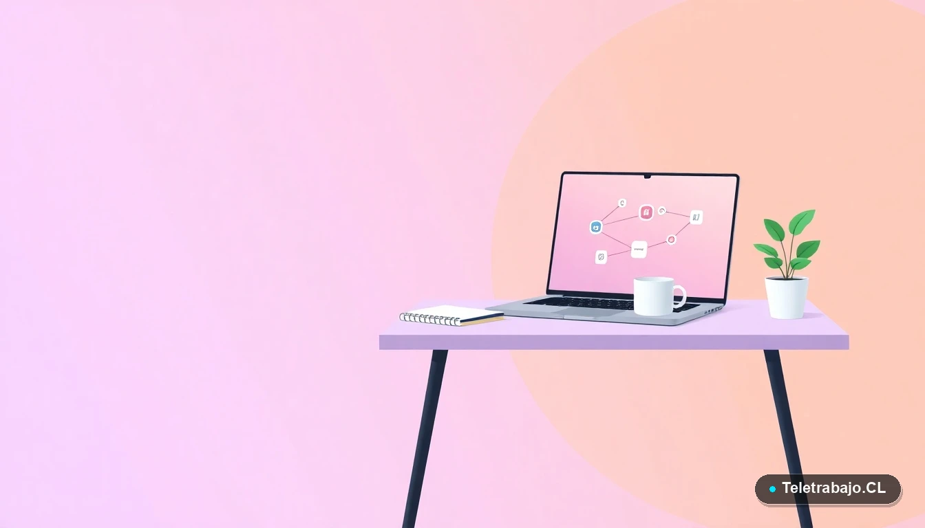 Escritorio moderno minimalista con laptop, cuaderno y planta, ilustración plana para artículo sobre teletrabajo en Chile.