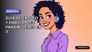 Ilustración plana de una mujer chilena profesional de tecnología, sonriendo, con blusa lavanda, sobre fondo gradiente azul y púrpura vacío.