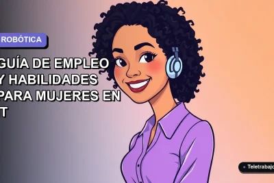 Ilustración plana de una mujer chilena profesional de tecnología, sonriendo, con blusa lavanda, sobre fondo gradiente azul y púrpura vacío.