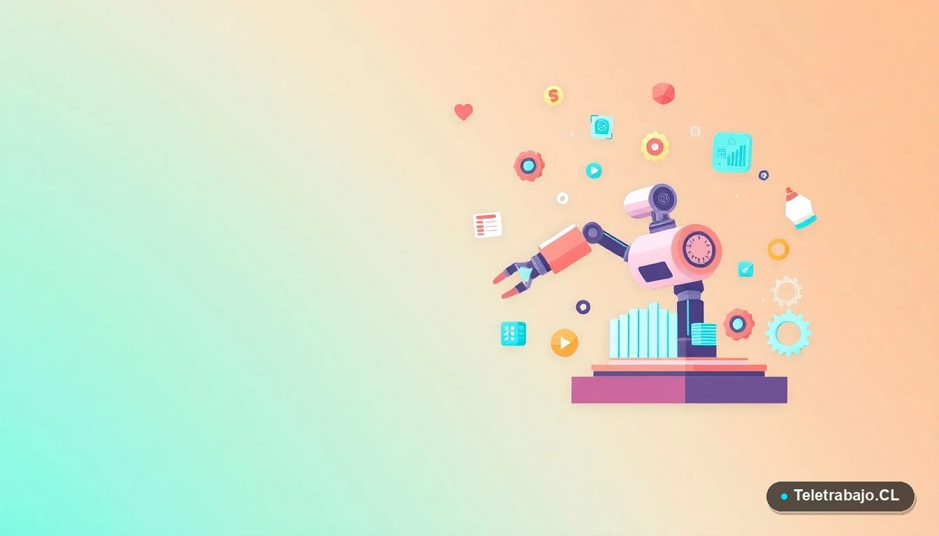 Composición abstracta de interfaz de usuario tecnológica con iconos de brazos robóticos, tableros de circuitos y gráficos, sobre fondo gradiente de menta.