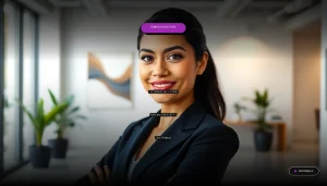 Una mujer profesional hispana sonriendo con confianza en una oficina moderna, representando el futuro de la carrera en robótica educativa y teletrabajo para mujeres en IT.