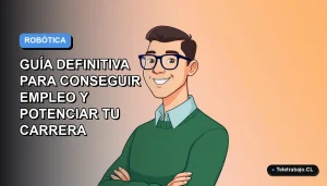 Ilustración plana corporativa de un trabajador masculino de tecnología en Chile, con fondo degradado azul y naranja, representando el futuro laboral en robótica.