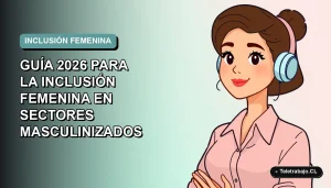 Ilustración plana corporativa de una mujer profesional de tecnología con blusa azul, sobre fondo degradado suave azul verdoso.