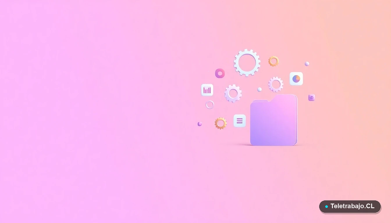 Composición abstracta de interfaz de usuario con gráficos y engranajes flotantes en tonos lavanda y durazno, sobre fondo degradado.