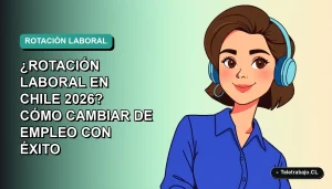 Ilustración plana vectorial de una mujer profesional chilena con blusa azul, estilo Corporativo Memphis, sobre fondo degradado verde azulado, concepto de rotación laboral 2026.