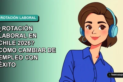 Ilustración plana vectorial de una mujer profesional chilena con blusa azul, estilo Corporativo Memphis, sobre fondo degradado verde azulado, concepto de rotación laboral 2026.