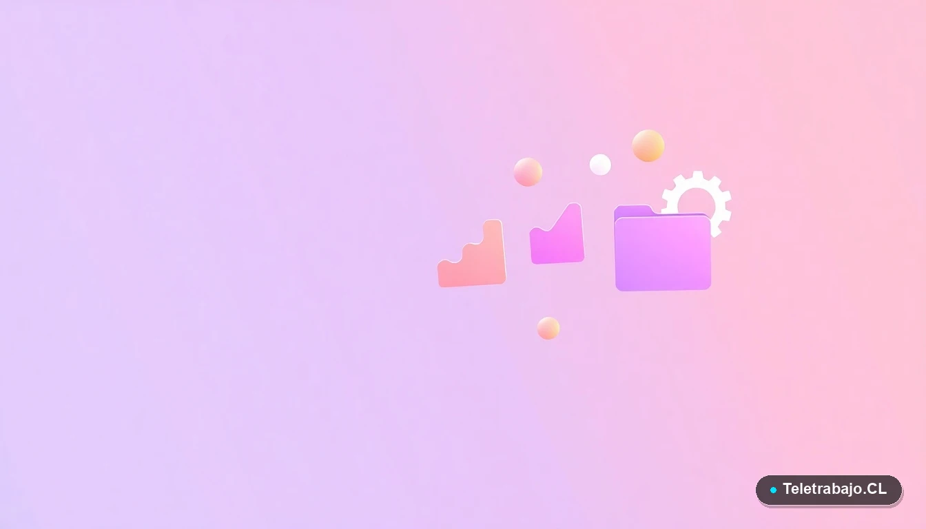 Composición abstracta de interfaz de usuario con gráficos flotantes y engranajes en colores lavanda y durazno, estilo ilustración vectorial plana, concepto de datos y transición laboral.