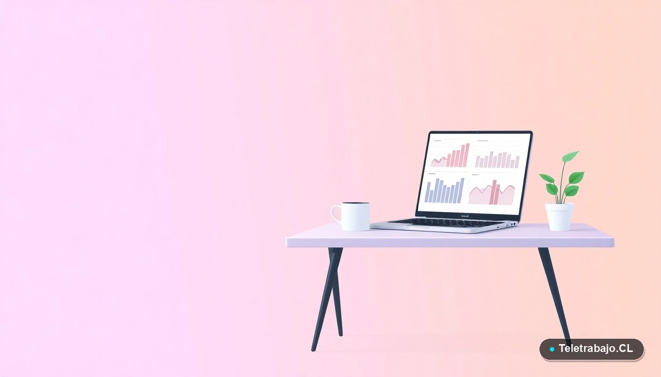 Ilustración vectorial de un escritorio moderno vacío con laptop, gráficos abstractos en pantalla, taza de café y una planta, sobre fondo degradado lila y durazno. Concepto de espera y procesos digitales.