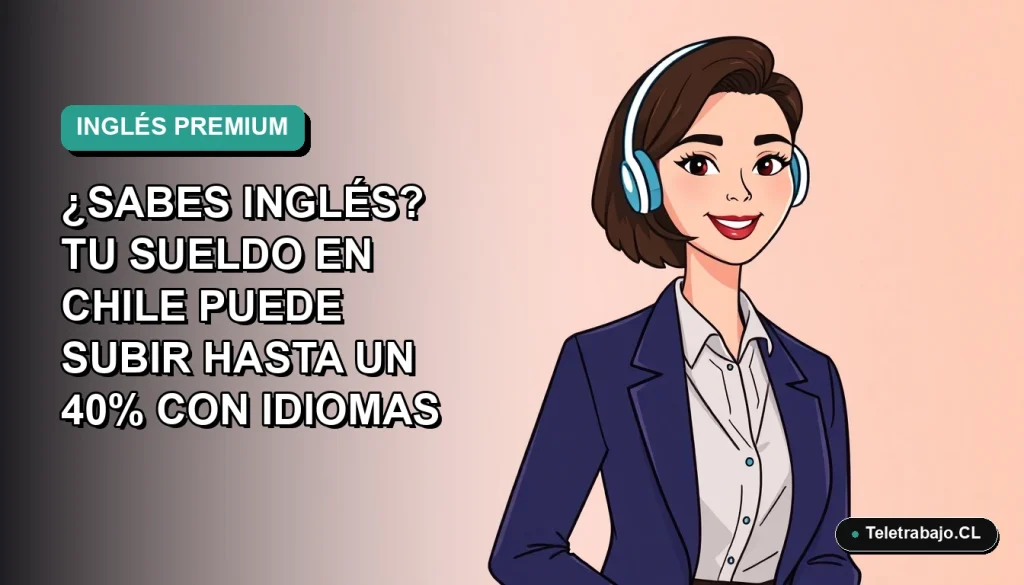 Ilustración plana corporativa de trabajadora chilena sonriente con blazer, sobre fondo degradado azul verdoso. Concepto de aumento salarial por saber inglés.