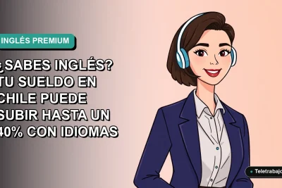 Ilustración plana corporativa de trabajadora chilena sonriente con blazer, sobre fondo degradado azul verdoso. Concepto de aumento salarial por saber inglés.