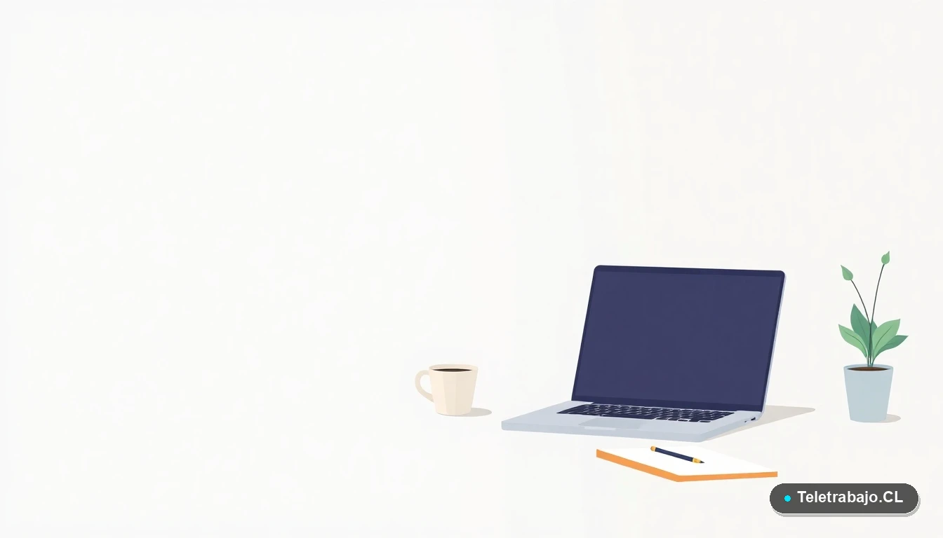 Escritorio moderno minimalista con laptop, taza de café y planta, sobre fondo degradado frío. Representa el entorno de trabajo profesional y productivo.