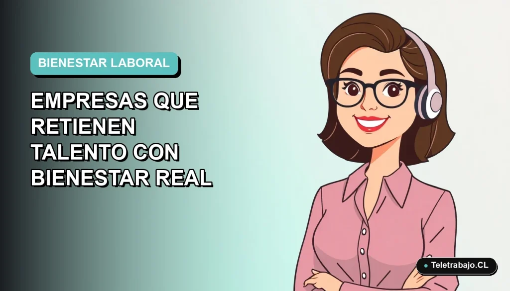 Ilustración vectorial plana de una trabajadora remota feliz en estilo Corporate Memphis, con fondo degradado azul verdoso, representando el bienestar y salario emocional en empresas chilenas.