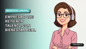 Ilustración vectorial plana de una trabajadora remota feliz en estilo Corporate Memphis, con fondo degradado azul verdoso, representando el bienestar y salario emocional en empresas chilenas.