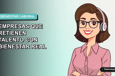 Ilustración vectorial plana de una trabajadora remota feliz en estilo Corporate Memphis, con fondo degradado azul verdoso, representando el bienestar y salario emocional en empresas chilenas.