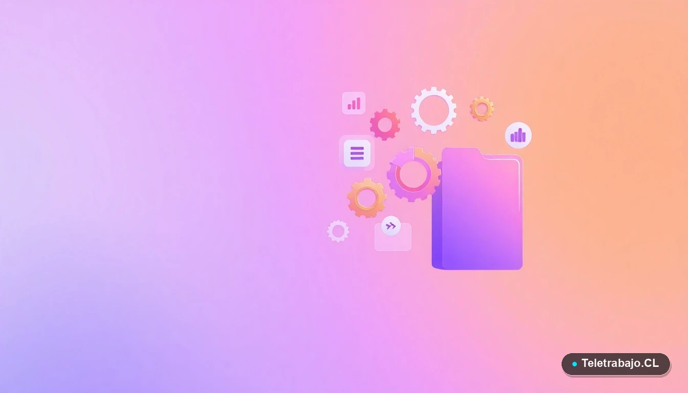 Composición abstracta de interfaz de usuario con gráficos y engranajes flotantes en colores lavanda y durazno, estilo vectorial plano moderno, representando innovación en bienestar laboral.