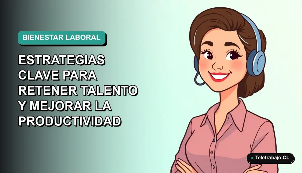 Ilustración vectorial plana de trabajadora chilena feliz en teletrabajo, concepto de salario emocional y retención de talento para 2026, fondo degradado azul verdoso.
