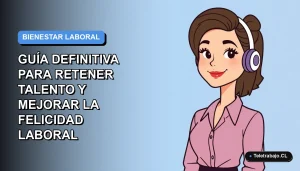 Ilustración plana corporativa de una mujer chilena trabajadora remota sonriendo, con fondo degradado azul, concepto de felicidad laboral y retención de talento 2026.