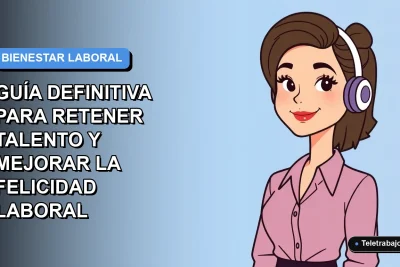 Ilustración plana corporativa de una mujer chilena trabajadora remota sonriendo, con fondo degradado azul, concepto de felicidad laboral y retención de talento 2026.