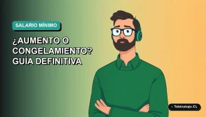 Ilustración vectorial plana de un trabajador remoto masculino con suéter verde, sobre un fondo degradado azul y teal. Espacio negativo a la izquierda.
