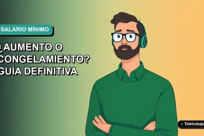 Ilustración vectorial plana de un trabajador remoto masculino con suéter verde, sobre un fondo degradado azul y teal. Espacio negativo a la izquierda.