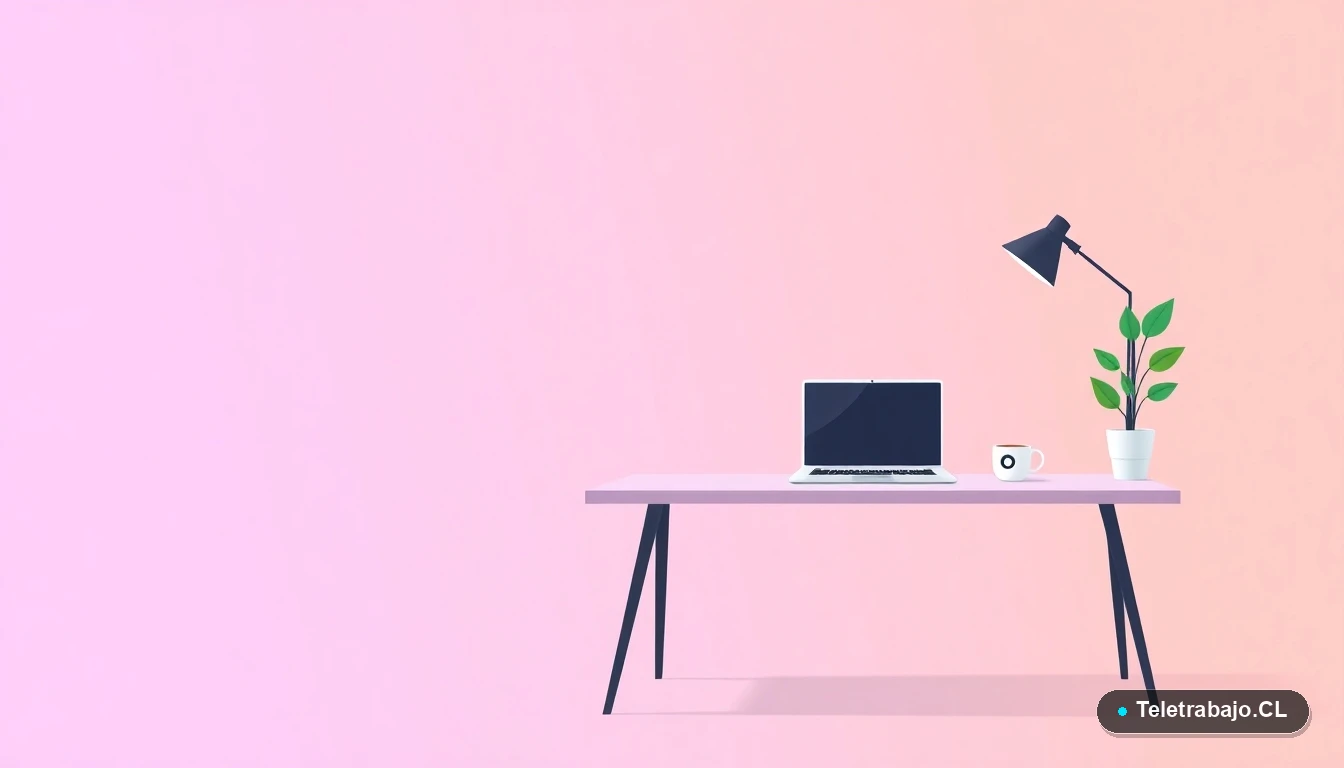 Escritorio moderno vacío con laptop, taza de café y planta, en estilo de ilustración vectorial plana sobre fondo degradado lavanda y durazno.