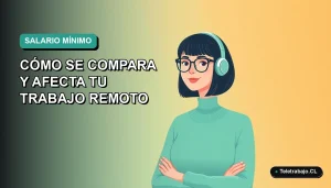 Ilustración vectorial plana de una trabajadora remota en Chile con un suéter verde, sobre un fondo degradado azul y verde. Representa el análisis del salario mínimo y el teletrabajo.