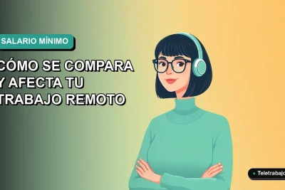 Ilustración vectorial plana de una trabajadora remota en Chile con un suéter verde, sobre un fondo degradado azul y verde. Representa el análisis del salario mínimo y el teletrabajo.