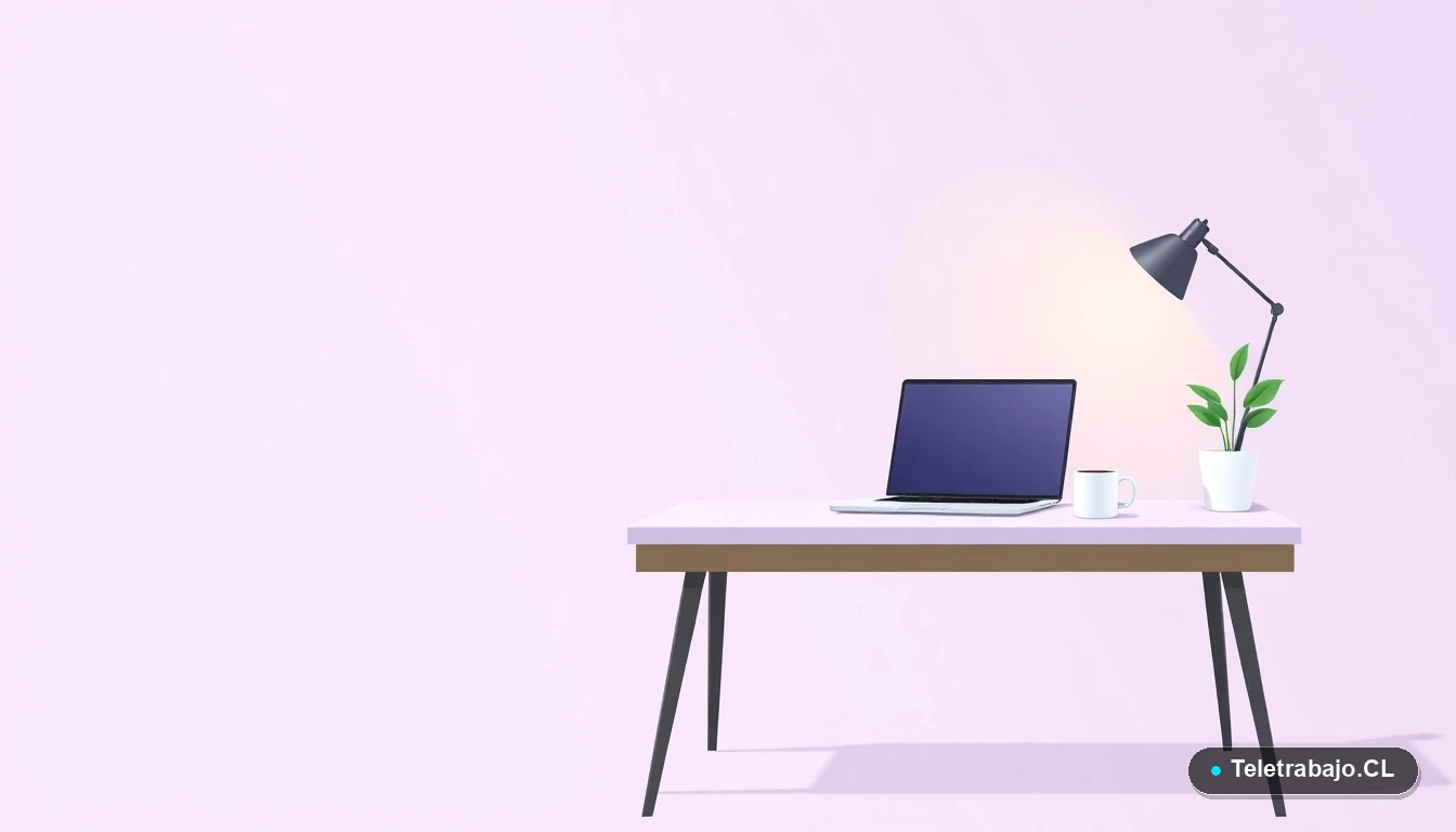Escritorio moderno minimalista para teletrabajo con laptop, taza de café y una planta suculenta, sobre un fondo degradado lila y gris, representando un espacio de trabajo remoto en Chile.
