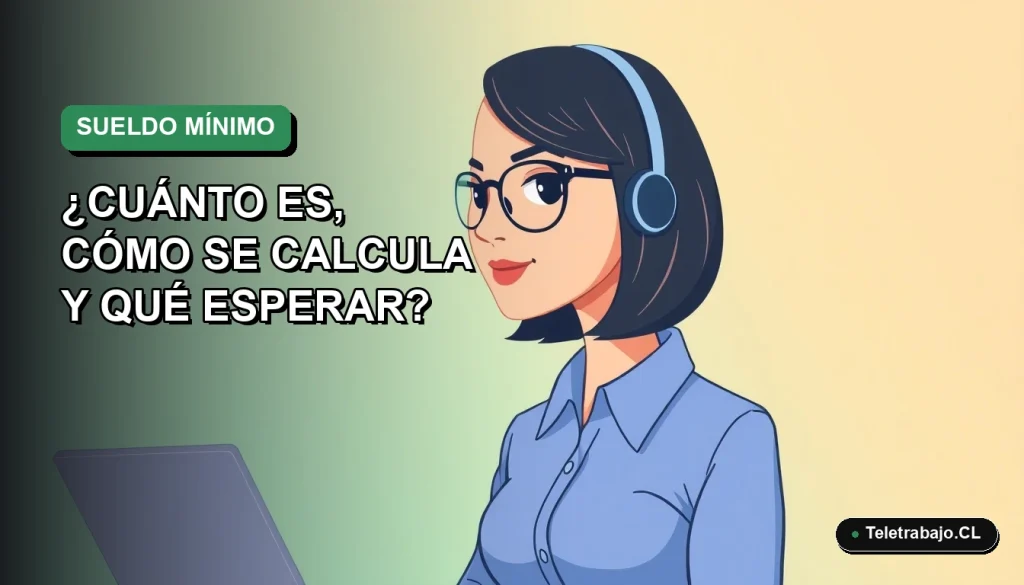 Ilustración plana corporativa de una trabajadora remota con blusa azul, sobre fondo degradado verde. Representa el cálculo del sueldo mínimo en Chile.