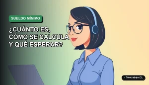 Ilustración plana corporativa de una trabajadora remota con blusa azul, sobre fondo degradado verde. Representa el cálculo del sueldo mínimo en Chile.