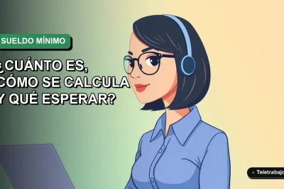 Ilustración plana corporativa de una trabajadora remota con blusa azul, sobre fondo degradado verde. Representa el cálculo del sueldo mínimo en Chile.