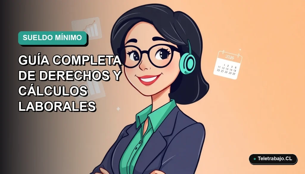 Ilustración plana corporativa de una trabajadora remota sonriente junto a gráficos abstractos sobre el salario mínimo en Chile.