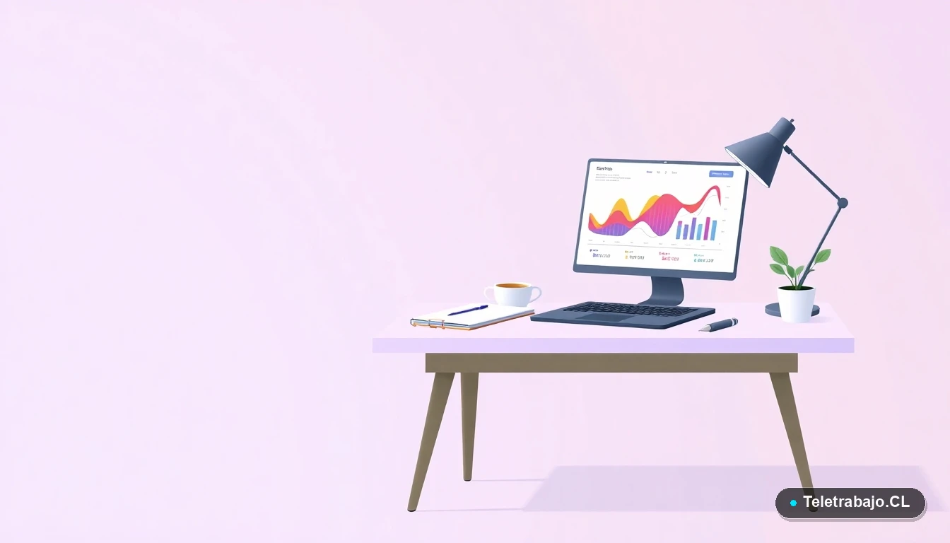 Escritorio moderno minimalista para teletrabajo con laptop, gráficos, café y una planta, concepto de home office.