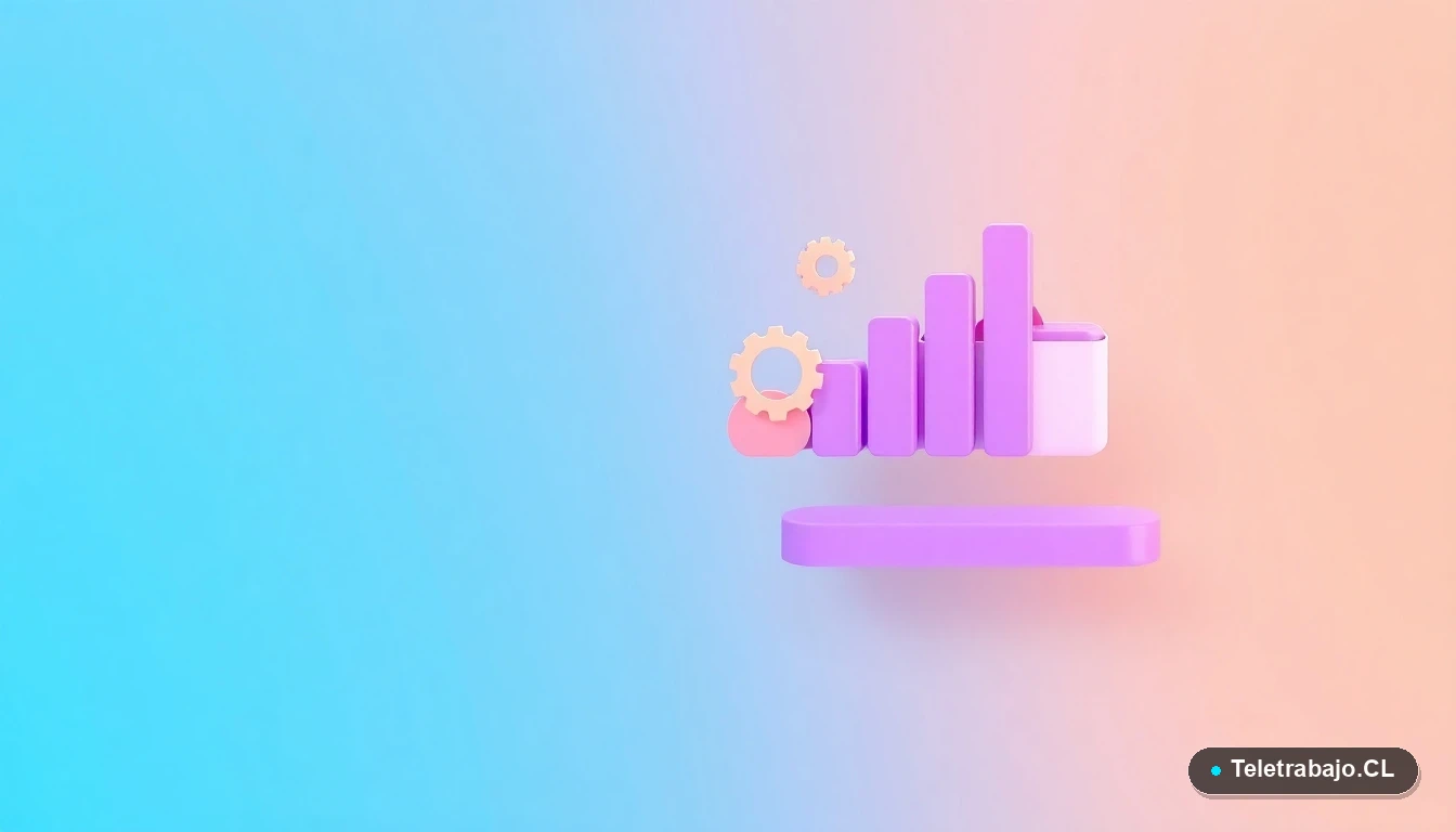 Composición abstracta de interfaz de usuario con gráficos y engranajes en tonos lavanda y durazno, sobre fondo degradado verde azulado, concepto de datos y regulación del salario.