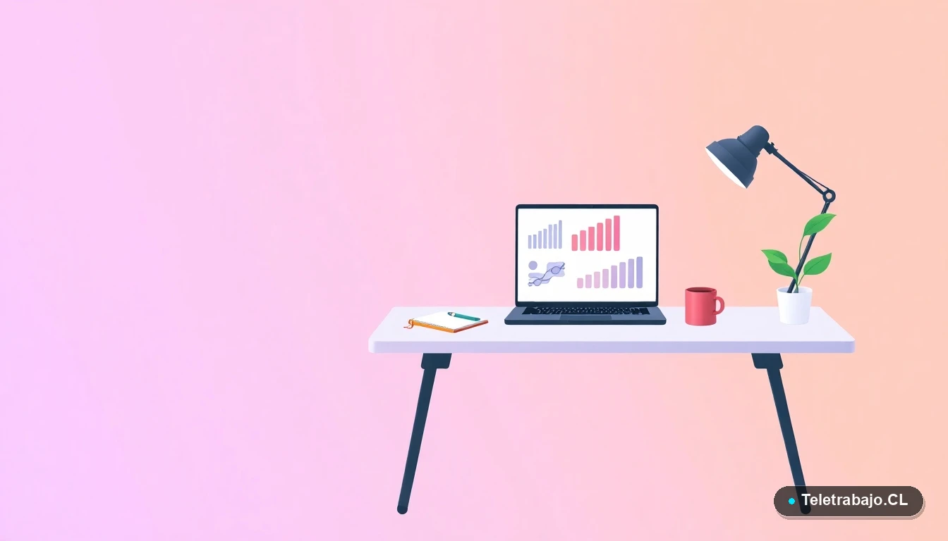 Escritorio moderno minimalista con laptop, gráficos, planta y taza de café, ilustración plana sobre fondo degradado lavanda, representando la planificación financiera.