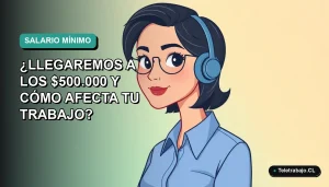 Ilustración vectorial plana de trabajadora remota con blusa azul, sobre fondo degradado verde agua, representando el salario mínimo en Chile.