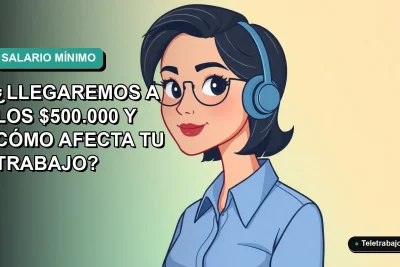 Ilustración vectorial plana de trabajadora remota con blusa azul, sobre fondo degradado verde agua, representando el salario mínimo en Chile.