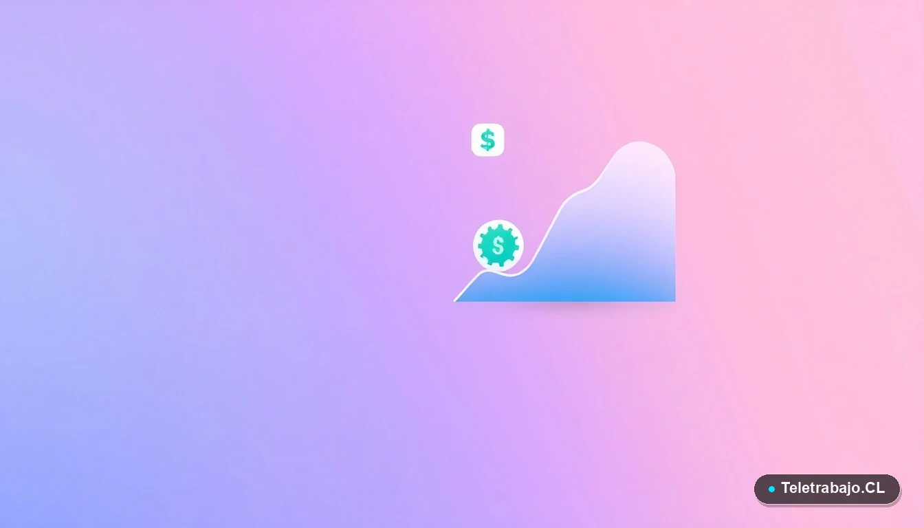 Elementos de interfaz de usuario abstractos, un gráfico ascendente, un engranaje y símbolo de peso, sobre fondo degradado lila, concepto de crecimiento salarial y análisis técnico.