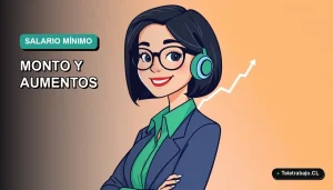 Ilustración plana corporativa de una trabajadora remota sonriente junto a un gráfico ascendente, representando el aumento del salario mínimo en Chile para 2026.