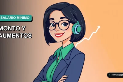 Ilustración plana corporativa de una trabajadora remota sonriente junto a un gráfico ascendente, representando el aumento del salario mínimo en Chile para 2026.