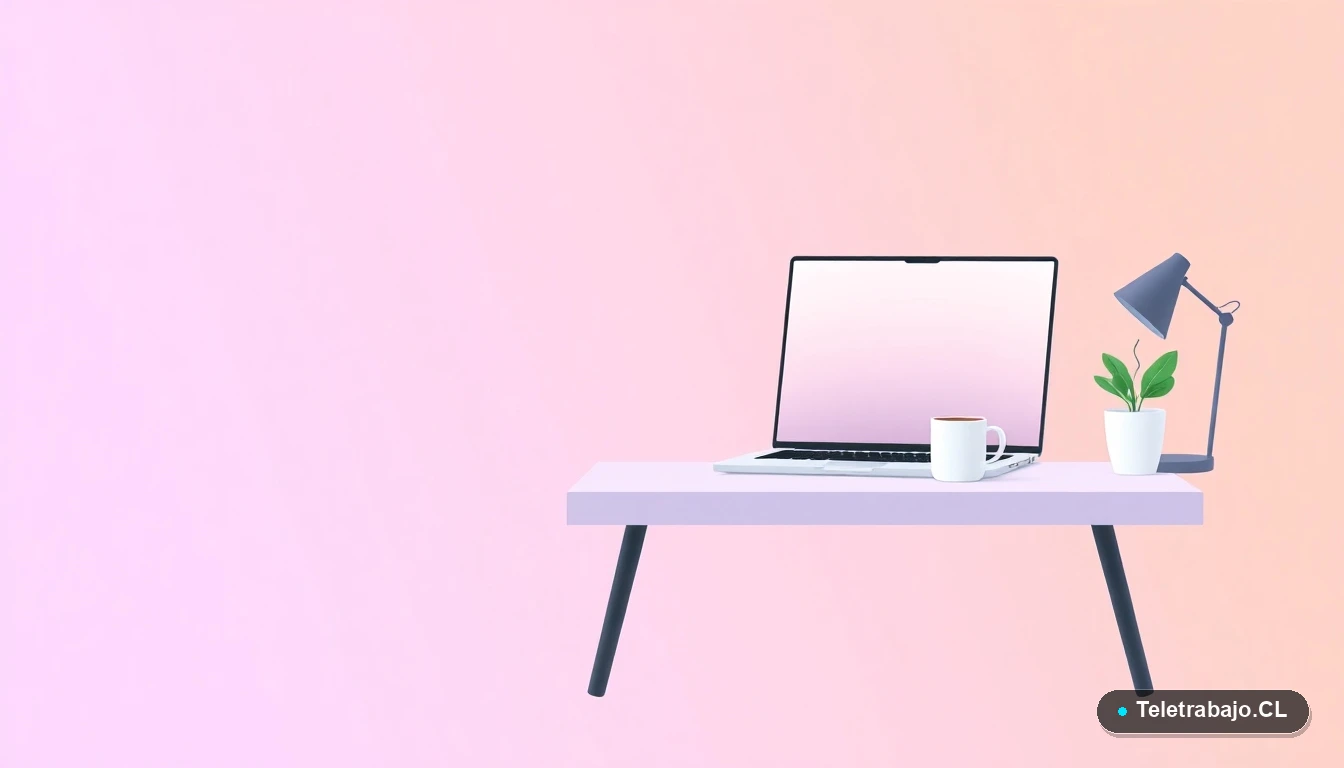 Escritorio moderno minimalista con laptop, taza de café y planta, sobre un fondo degradado lavanda, concepto de teletrabajo.