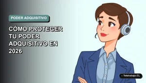 Ilustración vectorial plana de una mujer profesional chilena con blusa azul, mirando datos financieros en pantalla, sobre fondo degradado verde menta.