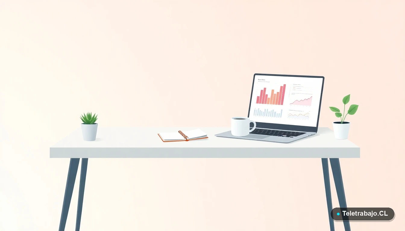 Escritorio moderno minimalista para teletrabajo con laptop, taza de café y planta, sobre fondo con gradiente de menta suave, concepto de espacio de trabajo productivo.