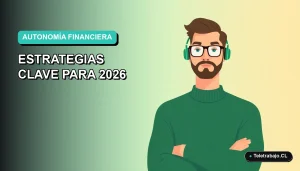 Ilustración plana corporativa de un hombre profesional con suéter verde trabajando de forma remota, sobre un fondo degradado suave. Concepto de salud financiera autónoma.