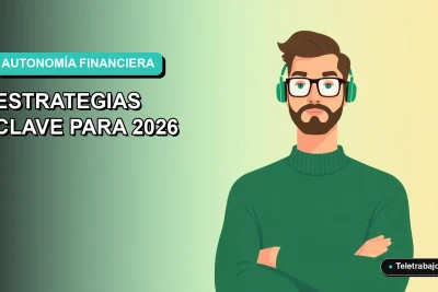 Ilustración plana corporativa de un hombre profesional con suéter verde trabajando de forma remota, sobre un fondo degradado suave. Concepto de salud financiera autónoma.