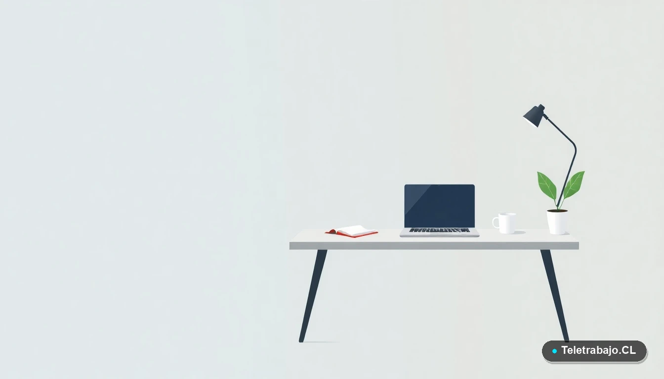 Escritorio moderno minimalista para trabajo remoto con laptop, café y planta, sobre fondo degradado frío. Espacio de trabajo productivo para la autonomía financiera.