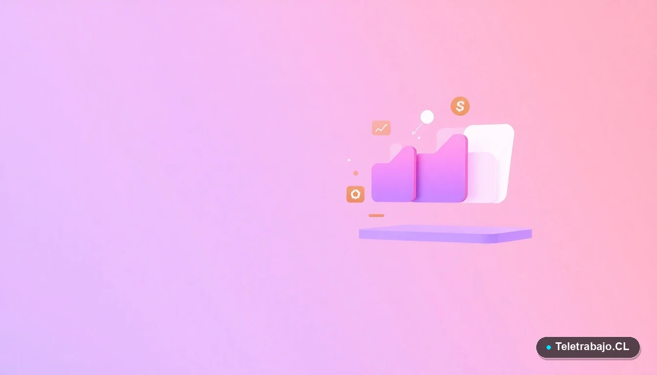 Composición abstracta de iconos tecnológicos planos, como gráficos y engranajes en tonos lavanda y durazno, sobre un fondo degradado lavanda. Espacio negativo a la izquierda.