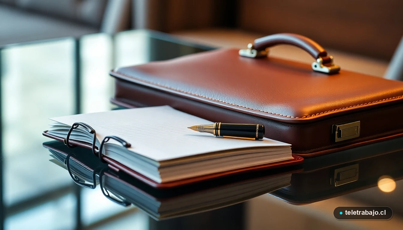 Detalle de portafolio de cuero y pluma estilográfica en escritorio, simbolizando preparación profesional para cursos Santander