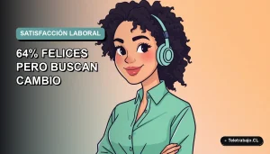 Ilustración vectorial plana de trabajadora remota feliz con fondo degradado azul verdoso, representando estadísticas de satisfacción laboral.